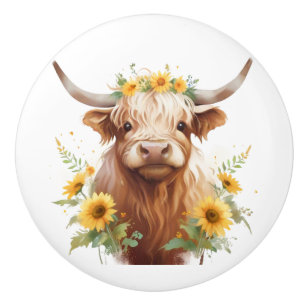 Highland Cow with Yellow Sunflower Flower Crown Ceramic Knob