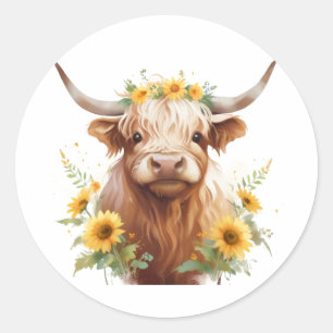 Highland Cow with Yellow Sunflower Flower Crown Classic Round Sticker
