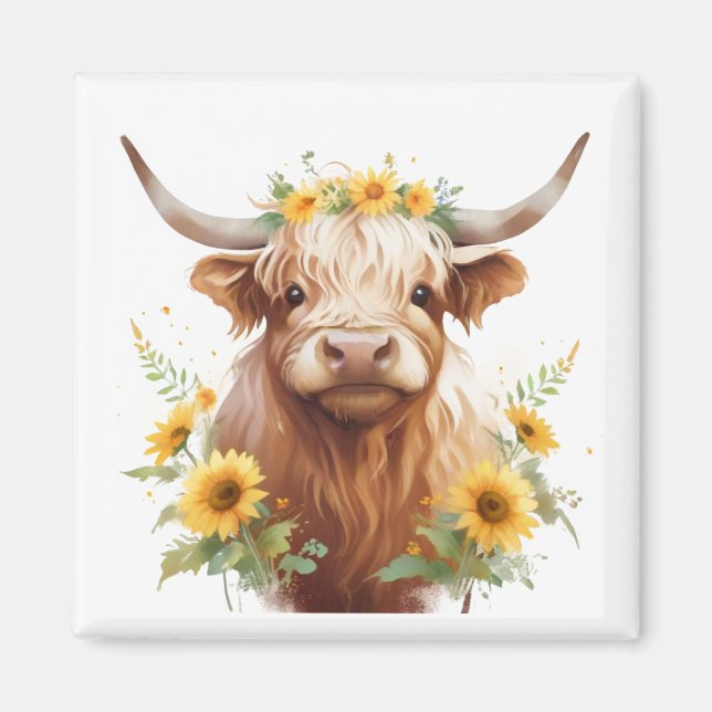 Highland Cow with Yellow Sunflower Flower Crown Magnet (Front)