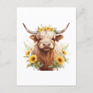 Highland Cow with Yellow Sunflower Flower Crown Postcard