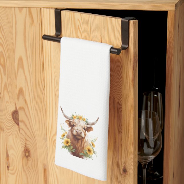Highland Cow with Yellow Sunflower Flower Crown Tea Towel (Thirds Fold)