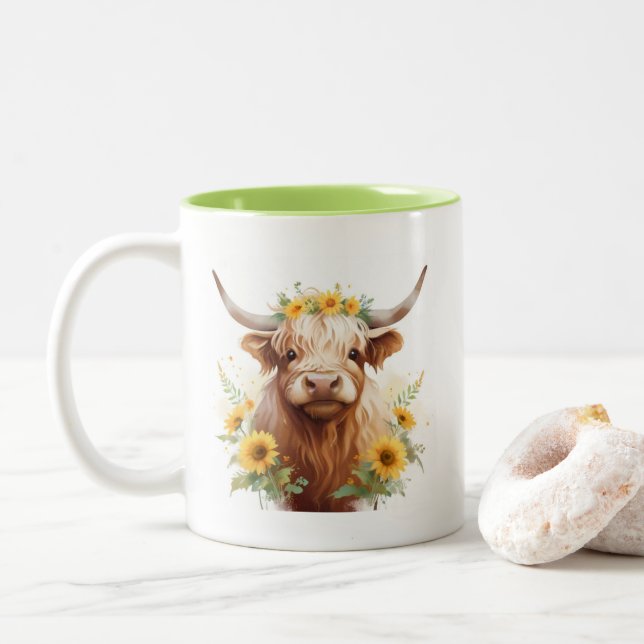 Highland Cow with Yellow Sunflower Flower Crown Two-Tone Coffee Mug (With Donut)