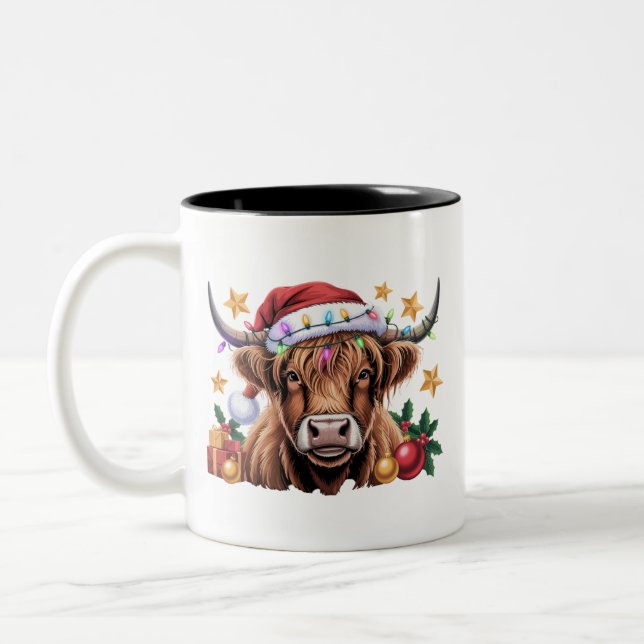 Highland Cow Xmas Heifers Farm Farmer Animal Lover Two-Tone Coffee Mug (Left)