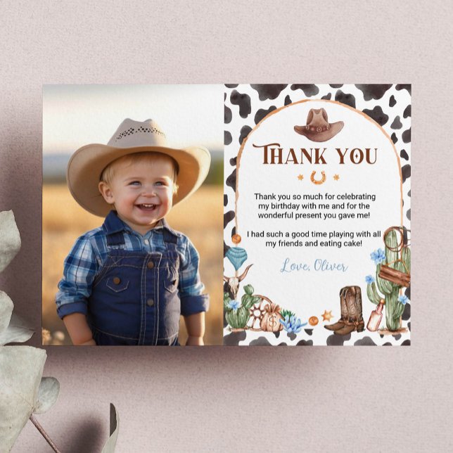 Highland Cowboy Birthday Photo Thank You Card (Creator Uploaded)