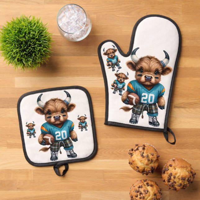 Highland Cows and Football Oven Mitt & Pot Holder Set (Top Down)