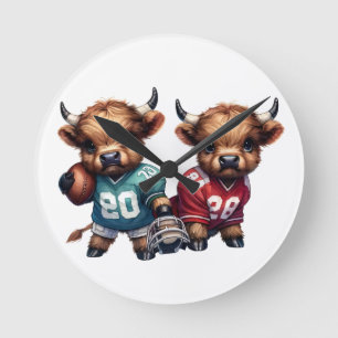 Highland Cows and Football Round Clock