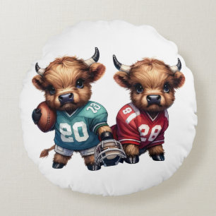 Highland Cows and Football Round Cushion