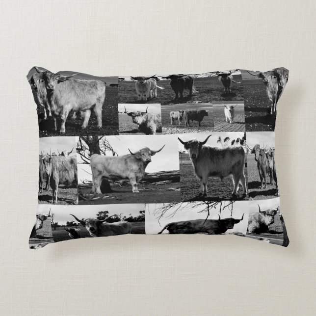 Highland Cows Collage In Black And White, Decorative Cushion (Front)