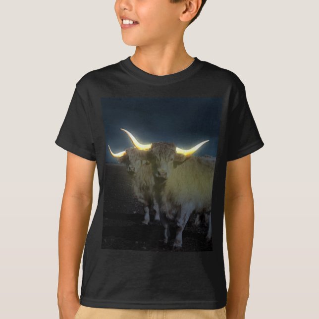 Highland Cows Glowing In The Dark, Kids Tshirt (Front)