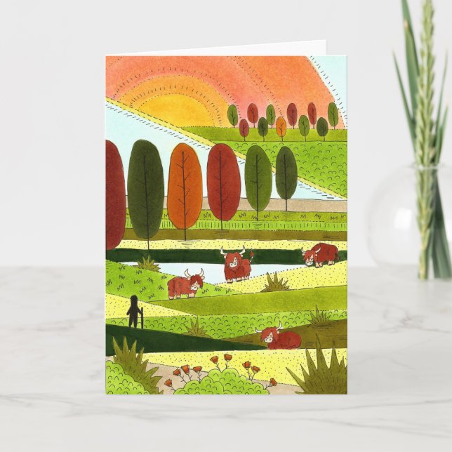 Highland Cows in Autumn Farm Field Card (Front)