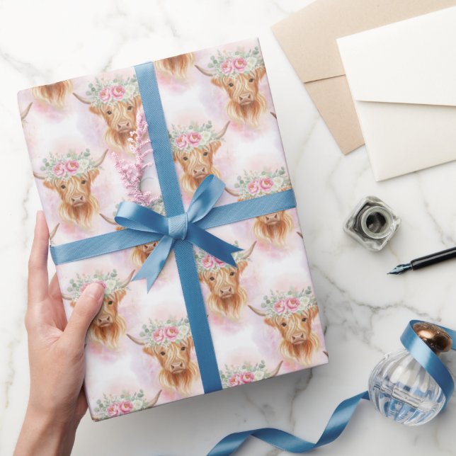 Highland Cows Pink Florals Baby Shower Birthday Wrapping Paper (Gifting)