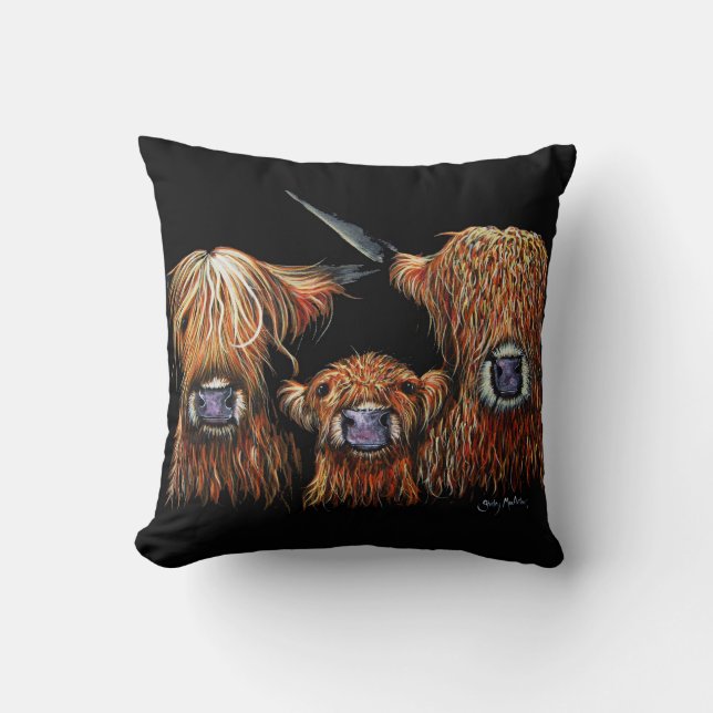 Highland Cows 'We 3 Coos on Black' Pillow Cushion (Front)
