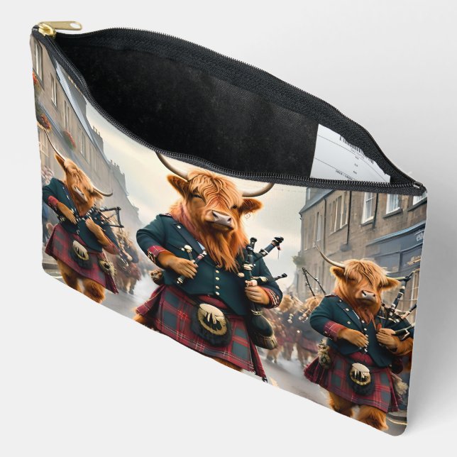 Highland Harmony:  Bagpipe Highland Cow Band  Accessory Pouch (Open)