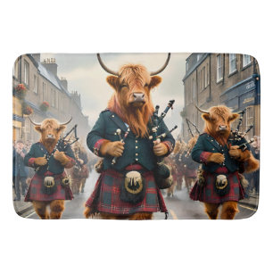 Highland Harmony:  Bagpipe Highland Cow Band  Bath Mat