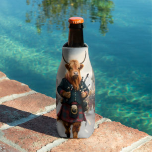 Highland Harmony:  Bagpipe Highland Cow Band  Bottle Cooler