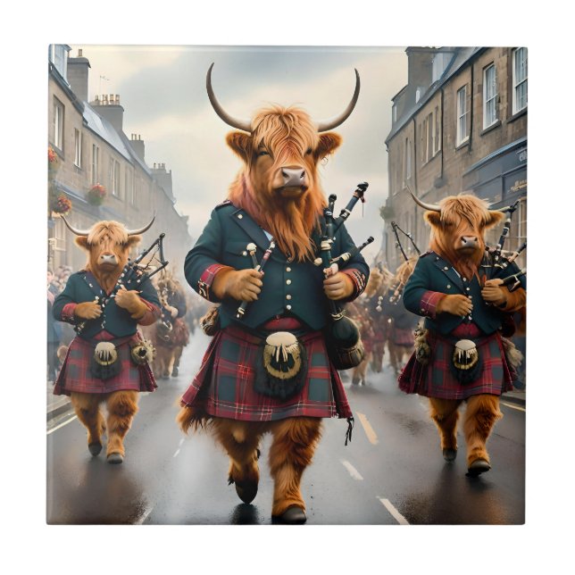 Highland Harmony:  Bagpipe Highland Cow Band  Ceramic Tile (Front)
