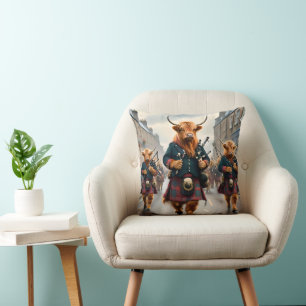 Highland Harmony:  Bagpipe Highland Cow Band  Cushion