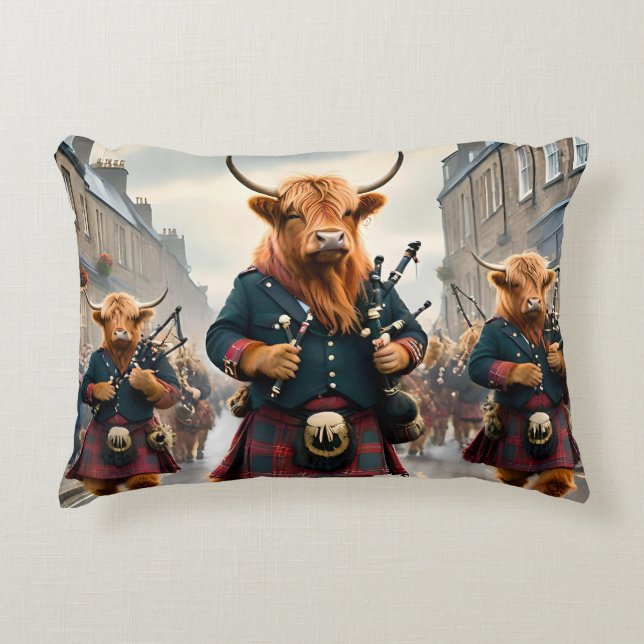 Highland Harmony:  Bagpipe Highland Cow Band  Decorative Cushion (Front)