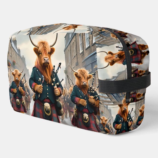 Highland Harmony:  Bagpipe Highland Cow Band  Dopp Kit (Left Corner)