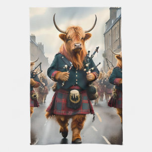 Highland Harmony: Bagpipe Highland Cow Band Tea Towel