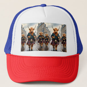 Highland Harmony:  Bagpipe Highland Cow Band  Trucker Hat