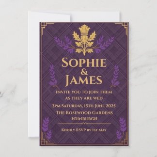 Highland Heather Purple & Gold Wedding Invitation