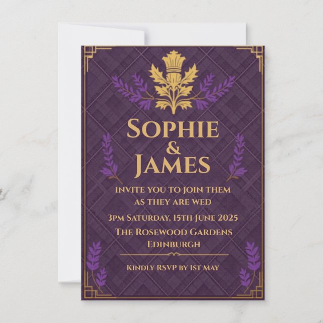 Highland Heather Purple & Gold Wedding Invitation (Front)