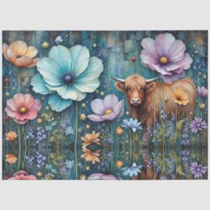 Highland heifer Floral Colourful Cosmos Tapestry Tissue Paper