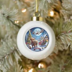 Highland Holiday Delivery Santa's Cow Christmas Ceramic Ball Christmas Ornament