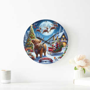 Highland Holiday Delivery Santa's Cow Christmas Large Clock