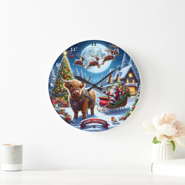 Highland Holiday Delivery Santa's Cow Christmas Large Clock (Home)