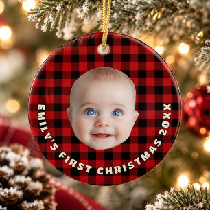Highland Lodge Buffalo Plaid Baby First Christmas Ceramic Ornament