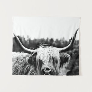 Highland Longhorn Cow Black and White Rustic Boho Tapestry