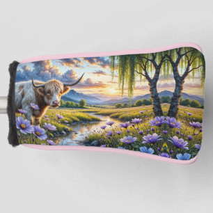 Highland/Longhorn cross Cow in Floral Landscape Golf Head Cover