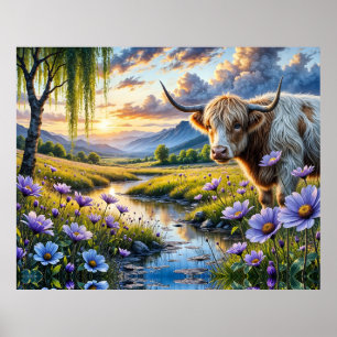 Highland/Longhorn cross Cow in Floral Landscape Poster