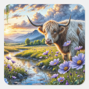 Highland/Longhorn cross Cow in Floral Landscape Square Sticker