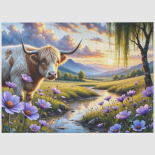Highland/Longhorn cross Cow in Floral Landscape Tissue Paper