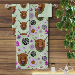 Highland Scottish Cow Purple Celtic Knot Work Bath Towel Set