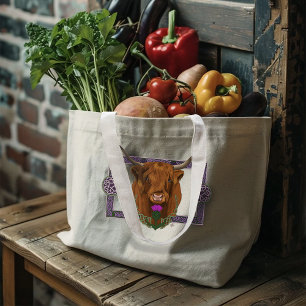 Highland Scottish Cow Purple Celtic Knot Work Large Tote Bag