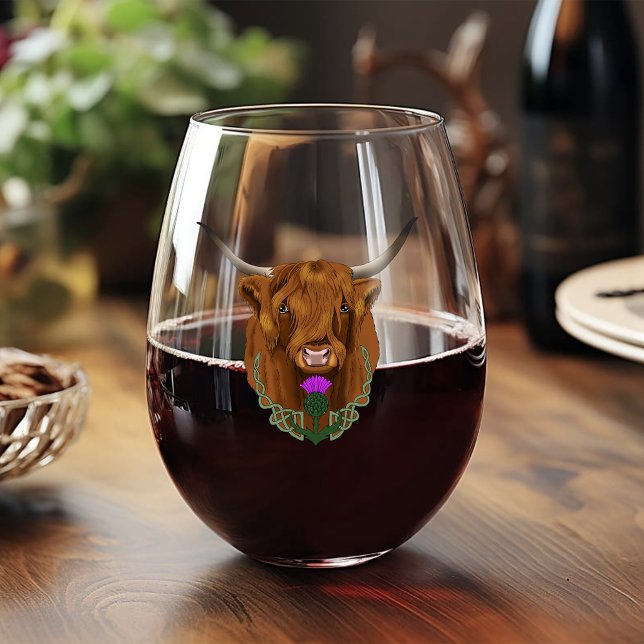Highland Scottish Cow Purple Celtic Knot Work Stemless Wine Glass (Creator Uploaded)