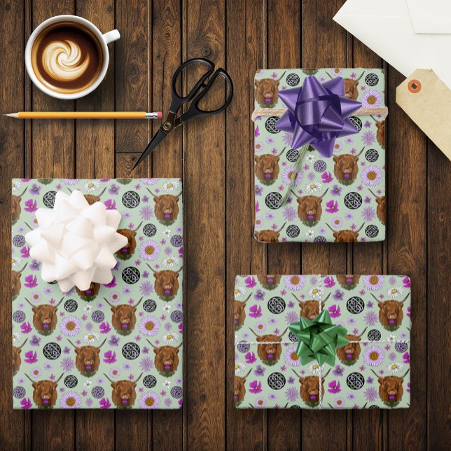 Highland Scottish Cow Purple Celtic Knot Work Wrapping Paper Sheet (Creator Uploaded)