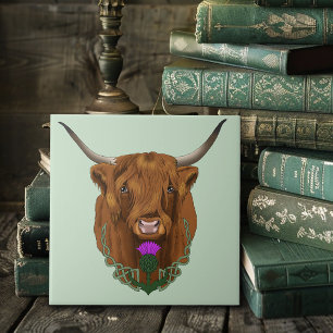 Highland Scottish Cow Purple Celtic Thistle Ceramic Tile