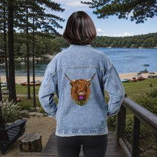 Highland Scottish Cow Purple Celtic Thistle Denim Jacket