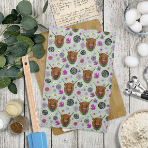Highland Scottish Cow Purple Celtic Thistle Tea Towel