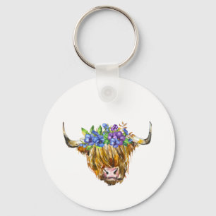 Highland Scottish Cow with Flowers Watercolor Key Ring