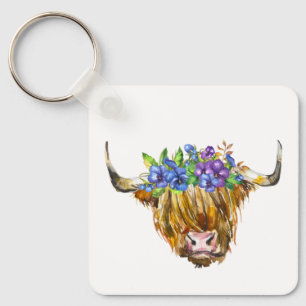 Highland Scottish Cow with Flowers Watercolor Key Ring