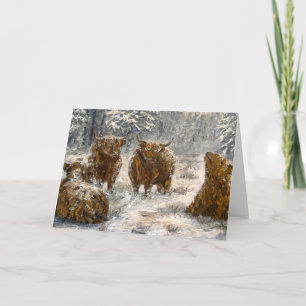  Highland Soul: Whimsical Snowy Cows Vintage Card