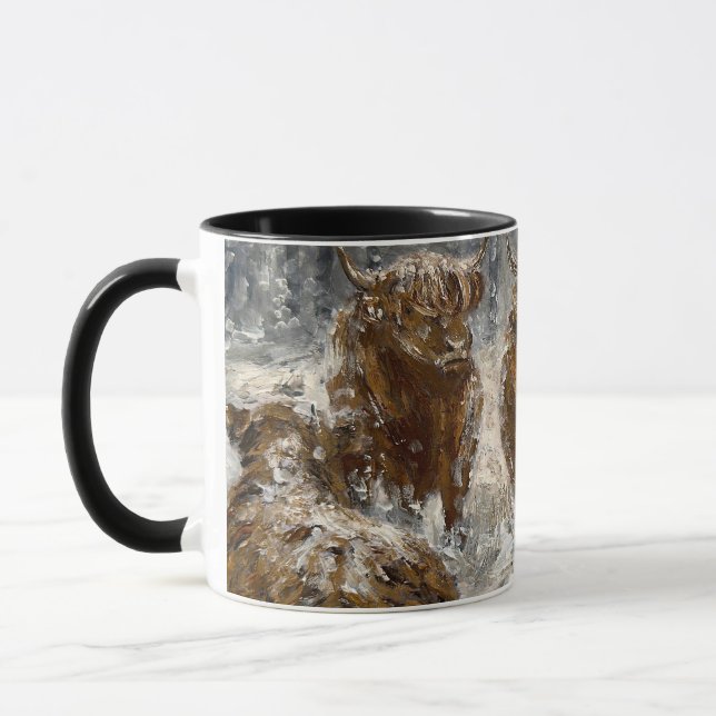  Highland Soul: Whimsical Snowy Cows Vintage Mug (Left)
