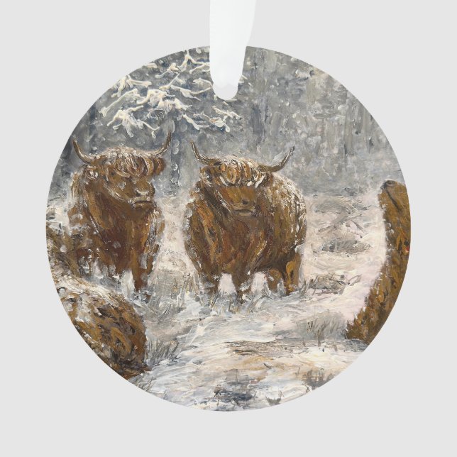  Highland Soul: Whimsical Snowy Cows Vintage Ornament (Front)