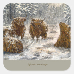 Highland Soul: Whimsical Snowy Cows Vintage Square Sticker
